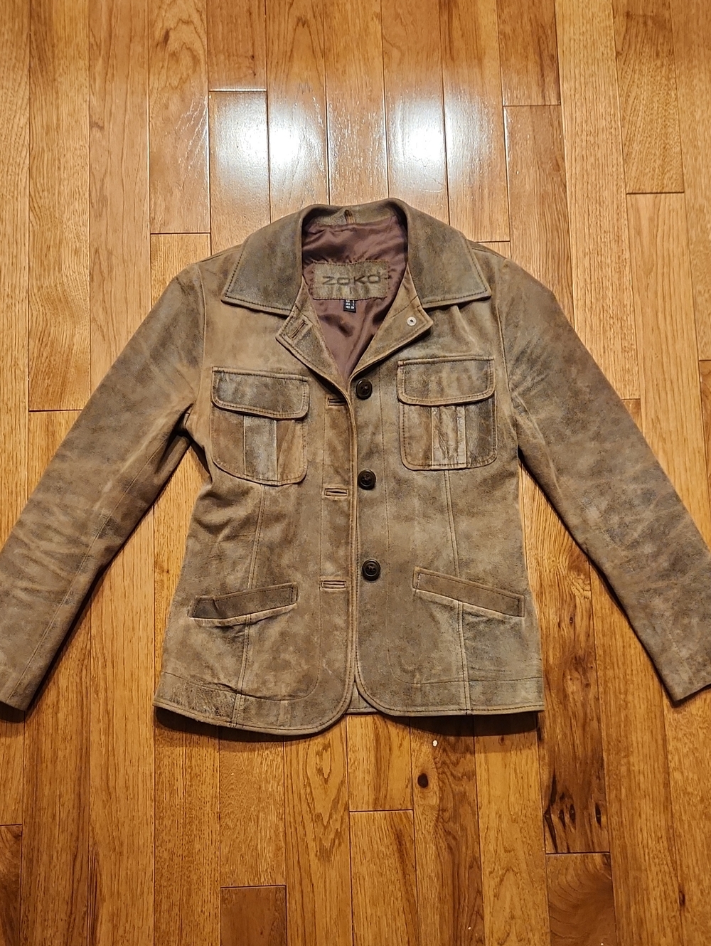 Zoko Women’s Genuine Suede Leather Blazer Jacket Brown Distressed Size S